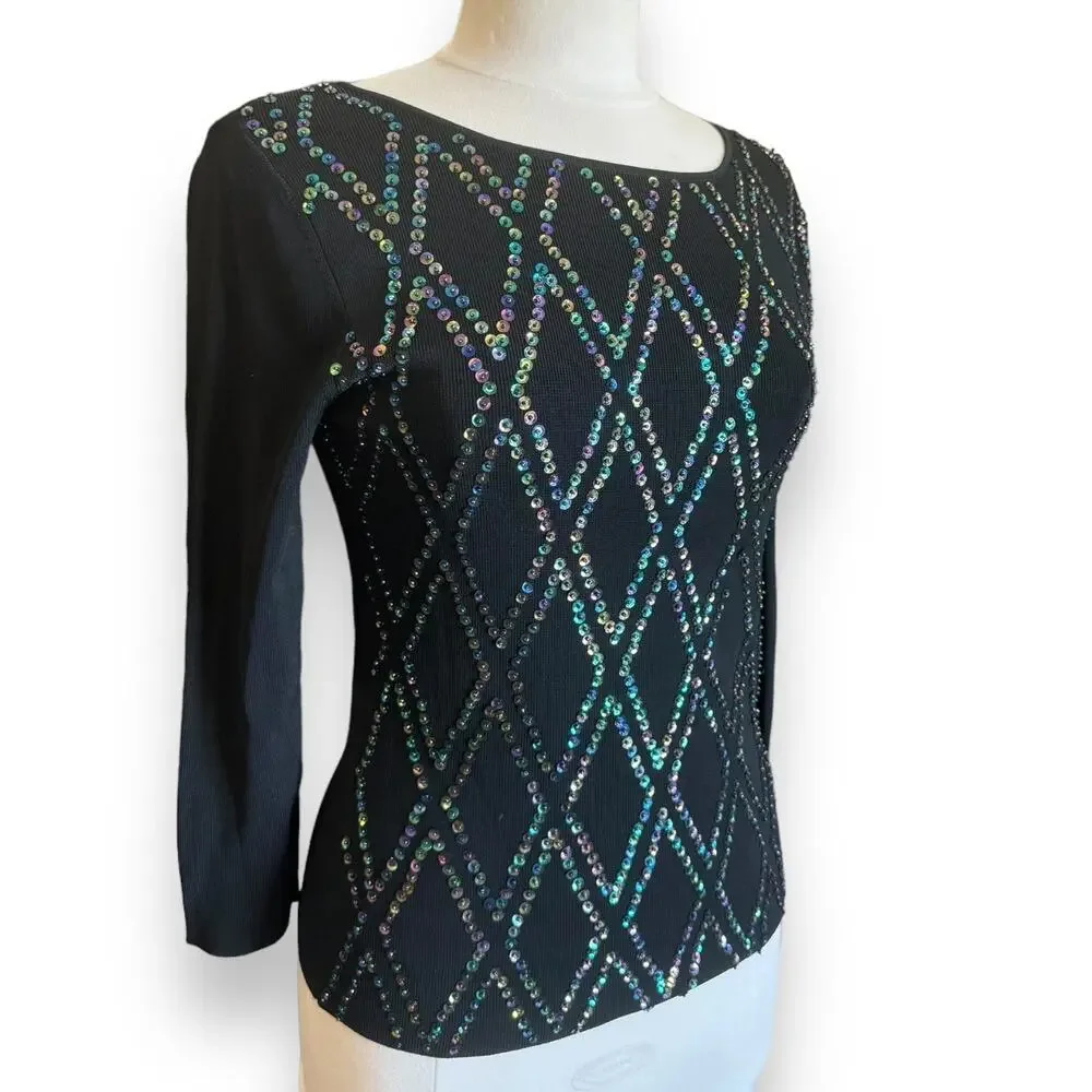 Vintage 90s Y2K Beaded Sequin LS Black Top - Picture 2 of 5
